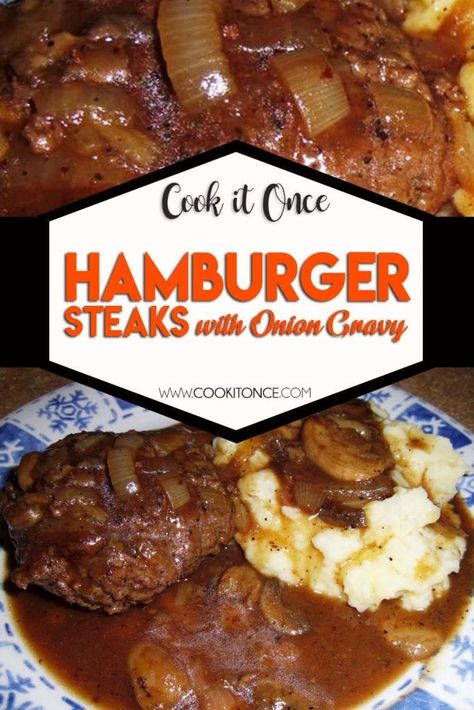 Hamburger Steaks With Onion Gravy, Beer Soup, Hamburger Steak Recipes, Hamburger Steak And Gravy, Hamburger Steaks, Rice And Gravy, Steak And Onions, Swiss Steak, Salisbury Steak Recipes