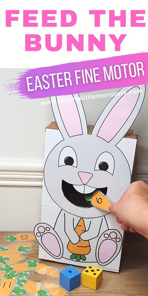 Feed the Bunny - Easter Fine Motor and math activity for preschoolers and kindergarten. Also comes with a free printable template for you to use. #easter #finemotor #math #freeprintable #preschool #kindergarten Feeding Bunny Activity, Feed The Bunny Free Printable, Feed The Bunny Printable, Feed Me Activity, Easter Bunny Games, Bunnies And Chicks Preschool Activities, Bunny Activities For Toddlers, Feed The Bunny Activity, Bunny Activities For Preschool