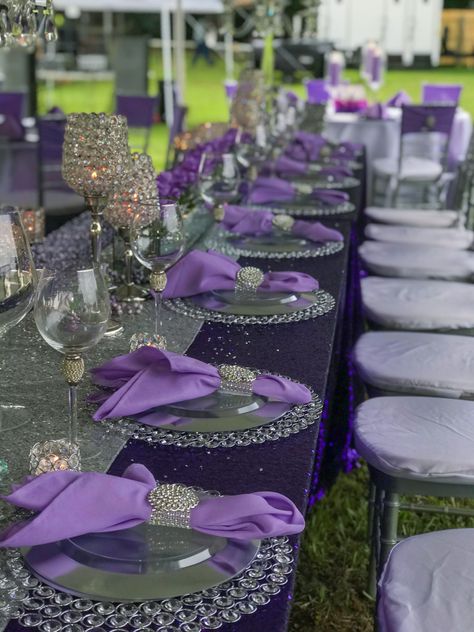 Purple And Silver Dinner Party Decor, Purple Diamond Theme Party, Diy Wedding Decorations Purple, Purple And Silver 60th Birthday Party, Purple And Gray Wedding Decorations, Purple And Silver Table Decorations, Purple And Lavender Birthday Decorations, Purple Party Table Decorations, Purple And Silver Table Setting