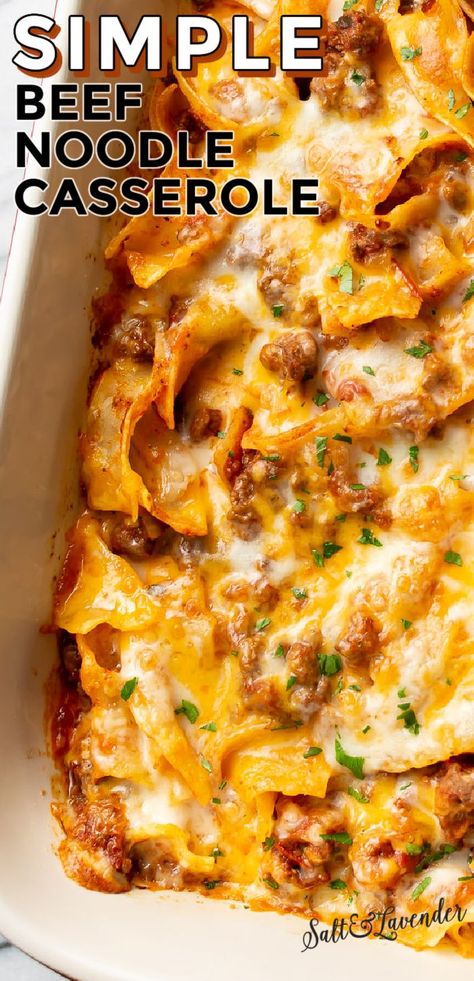 A hot weeknight dinner is easy with this delicious and simple beef noodle casserole recipe! It uses everyday ingredients and is family friendly. Noodles And Hamburger Meat Recipes, Egg Noodle Beef Casserole, Creamy Beef Noodle Casserole, Easy Beef Noodle Casserole, Simple Beef Casserole Recipes, Hamburg Noodle Casserole, Burger Noodle Casserole, Noodle Ground Beef Casserole, Easy Beef Casseroles