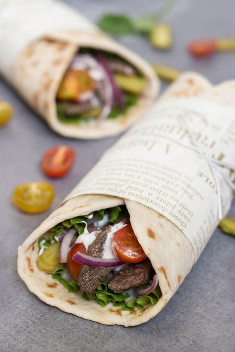 Beef Shawarma, Shawarma Recipe, Arabian Food, Tender Meat, Doner Kebab, Tortilla Wraps, Tahini Sauce, Lebanese Recipes, Pita Bread