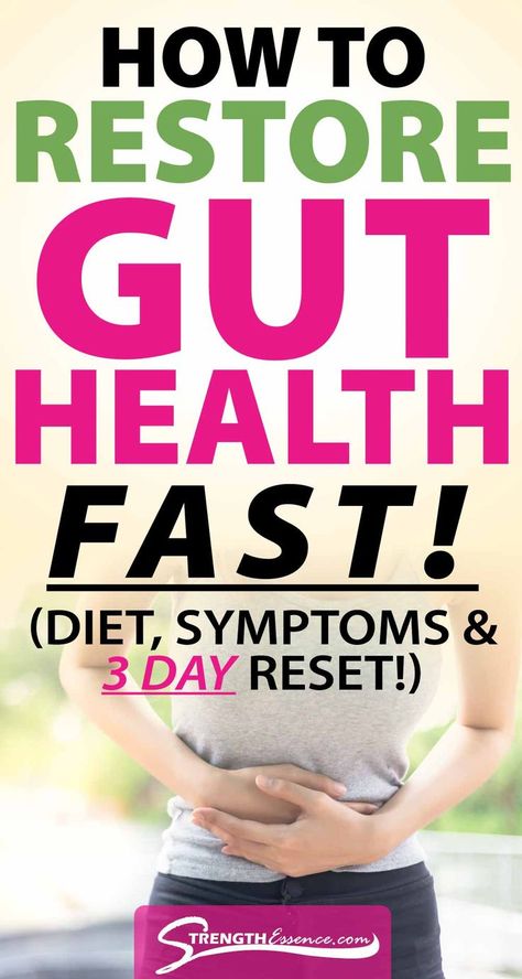 woman grabbing painful stomach gradient with How to Restore Gut Health Fast! (Diet, Symptoms & 3 Day Reset!) text overlay How To Restore Your Gut, How To Get Good Gut Health, Repair Gut Health, Better Gut Health Diet, How To Get A Healthy Gut, Symptoms Of Leaky Gut, Ways To Heal Your Gut, Leaking Gut Diet, How To Restore Gut Health