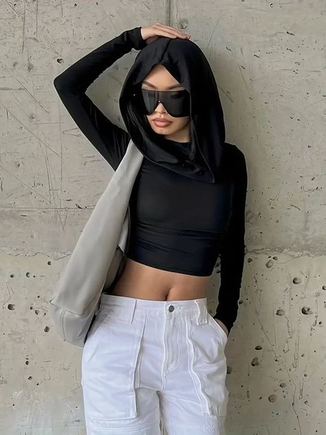 Solid Ruched Hooded Crop T shirt Casual Long Sleeve Top For - Temu Crop Top Autumn, Korean Fashion Aesthetic, Hooded Crop Top, Bodycon Casual, Streetwear Tops, Short T Shirt, Streetwear Tshirt, Slim Fit Shorts, Grunge Style