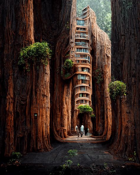 Architect Uses AI to Make Utopia Where Buildings Grow & Breathe Manas Bhatia, Hyperion Tree, Symbiotic Architecture, Building Scenery, Architectural Concepts, Future Architecture, Redwood Trees, Fantasy Places, Conceptual Design