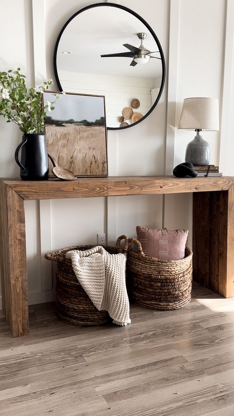 DIY Entry Table - Hill House Diaries Boho Farmhouse Entryway Table, Front Door Tables Entryway, This Entry Way Table, Chair And Console Table, Simple Wood Console Table, Rustic Wood Console Table Entryway, Console Table Restoration Hardware, Entry Modern Farmhouse, Rustic Entrance Table