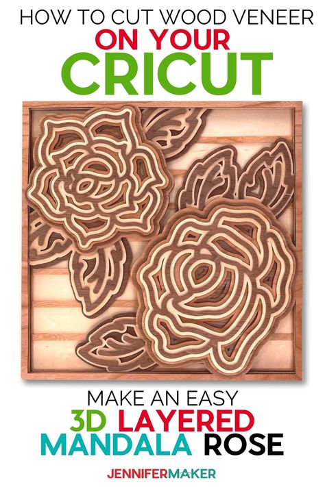 3D Layered Mandala Rose made with Wood Veneer and cut on a Cricut #cricut #veneer #mandala Cricut Maker 3d Wood Projects, Cricut Veneer Projects, Cricut Wood Veneer Projects, Western Cricut, Wood Veneer Projects, Cricut Wood Projects, Veneer Projects, Cricut Tricks, Cricut Wood