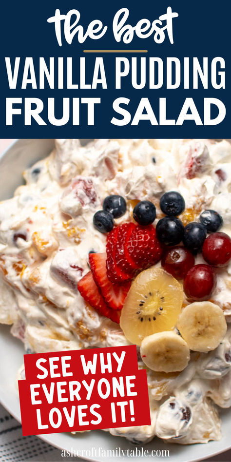 Vanilla pudding fruit salad with bananas, strawberries, and blueberries on top. Fruit Salad With Pineapple, Spring Fruit Salad, Pudding Fruit Salad, Salad With Pineapple, Pudding And Cool Whip, Creamy Fruit Salad, Fruit Salad With Pudding, Grape Salad Recipe, Creamy Fruit Salads