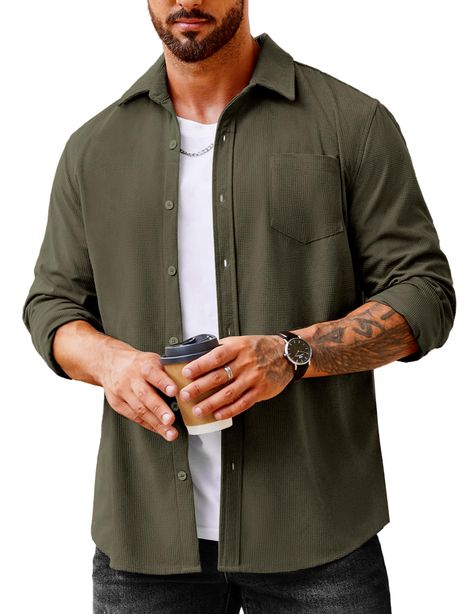 PRICES MAY VARY. men jacket casual long sleeve black white army green blue red yellow shirts for men fall jackets for men casual shacket long sleeve shirt men Army Green Shirt Outfit, Mens Fall Fashion, Mens Casual Shirt, Mens Lightweight Jacket, Black Button Down Shirt, Waffle Shirt, Long Sleeve And Shorts, Jacket With Pockets, Mens Flannel Shirt