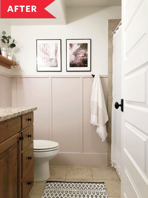 Quick Budget Bathroom Refresh | Apartment Therapy Dim Bathroom, Tan Bathroom, Dark Bathroom, Tan Walls, Bathroom Paneling, Dark Bathrooms, Beige Bathroom, Hall Bathroom, Downstairs Bathroom