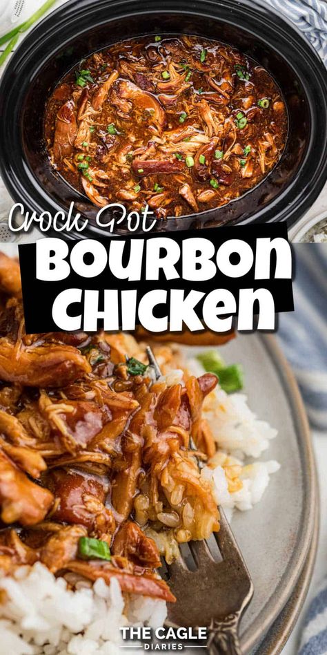 Crock Pot Bourbon Chicken makes this dish even easier to make. You'll think you're sitting in the food court at the mall. Bourbon chicken cooked in the slow cooker is wickedly easy with step by step directions. Crock Pot Cheap Dinners, 4 Hour Crock Pot Meals, Easy Crock Pot Dinners Families, Crock Pot One Pot Meals, Chicken Crockpot Dump Meals, Croc Pot Fall Meals, Crockpot Chicken For Two, Chick Crockpot Recipes, Crockpot Bourbon Chicken Thighs