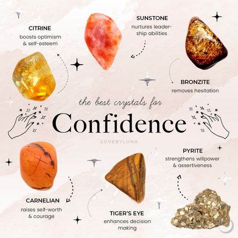 Love By Luna® on Instagram: “𝐂 𝐎 𝐍 𝐅 𝐈 𝐃 𝐄 𝐍 𝐂 𝐄 ☀️ aries season is in full swing, making it a wonderful time for bold action, leaps of faith, and inspiring greater…” Hades Crystals, Crystals For Confidence, Crystal Healing Chart, Aries Season, Soya Mumu, Magia Das Ervas, Crystal Vibes, Best Crystals, Crystal Guide