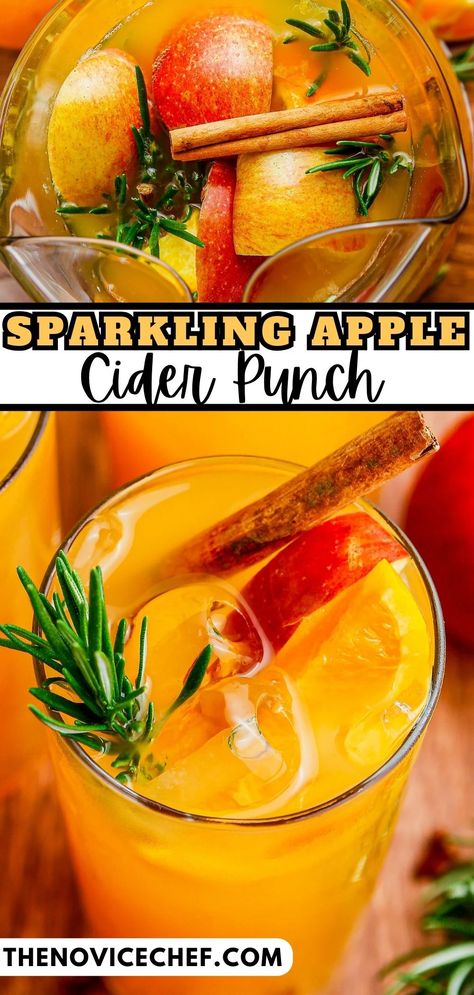 An autumn favorite, this sparkling Apple Cider Punch is full of fall flavors, and looks gorgeous for a party! Serve it as-is for the whole family, or add some alcohol to make a boozy version for the adults. Chilled Apple Cider Punch, Apple Cider Sparkling Punch, Sparkling Cider Punch Non Alcoholic, Apple Cider Orange Juice Punch, Apple Cider Prosecco Punch, Thanksgiving Nonalcoholic Punch, Prosecco Punch Fall, Fall Punch With Alcohol, Autumn Punch Alcohol