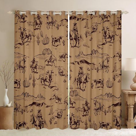 PRICES MAY VARY. Curtain Set: Set includes 2 panels each of 38''x45'' or 38''x54'' or 42''x63'' or 42''x84'' or 42''x90'' or 52''x63'' or 52''x84'' or 52''x90'' or 52''x96''; plastic grommets on top; inner diameter 1.8" and outer 2.7"; easy to hang and slide smoothly Material: Velvet fabric; our decorative curtains not 100% blackout curtains or not 100% light blocking curtains,but can block out 30-50% sunlight; dark color works better than light color Window Treatments: Our curtain can protect y Boys Cowboy Room, Boho Western Bedroom, Cowboy Curtains, Boys Bedroom Curtains, Curtains Brown, Western Curtains, Vintage Western Decor, Cabin Curtains, Cowboy Room