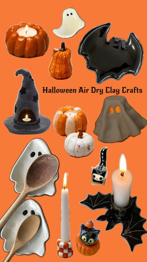 Spoon rests, black cat decor, tea light and candle stick holders - HALLOWEEN AIR DRY CLAY CRAFTS Halloween Air Dry Clay, Diy Halloween Candle Holders, Dry Clay Crafts, Clay Candle Holders Diy, Air Dry Clay Crafts, Clay Candle Holders, Black Cat Decor, Polymer Clay Halloween, Clay Candle