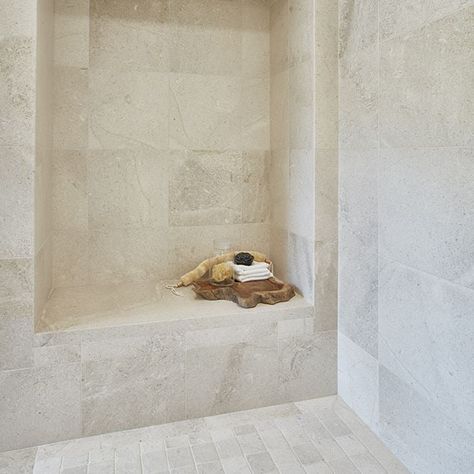 Natural Stone Tile Bathroom, Stone Floor Bathroom, Large Shower Tile, Stone Tile Bathroom, Natural Stone Bathroom, Limestone Floor Tiles, Arizona Tile, Stone Shower, Limestone Flooring