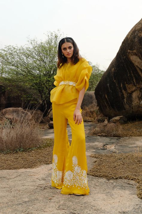 Summerverse - Volume 2 – Mishru Pant And Top Set, Haldi Outfits, Haldi Outfit, Trendy Outfits Indian, Indo Western Dress, Traditional Indian Outfits, Embroidered Pants, Yellow Silk, Designer Dresses Casual