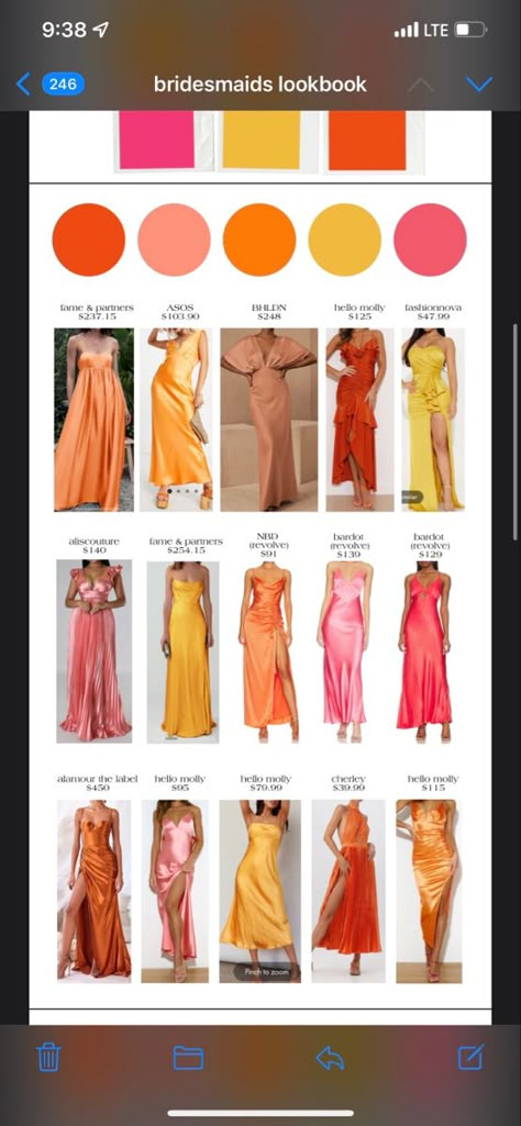 Citrus Colored Bridesmaid Dresses, Marigold Bridesmaid Dresses Color Palettes, Sunset Pink Bridesmaid Dresses, Bridesmaid Dress Color Summer, Mexico Beach Bridesmaid Dresses, Dessert Sunset Wedding Colors, Orange Palette Bridesmaid Dresses, Sunset Colours Bridesmaids, Bright Boho Bridesmaid Dresses