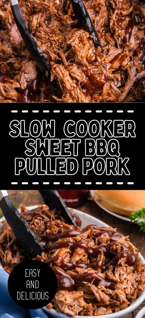 Collage of closeup shot of slow cooker BBQ pulled pork at top and platter full of slow cooker BBQ pulled pork at bottom. Pulled Pork Crock Pot Recipes Bbq, Crock Pot Bbq Pulled Pork, Pulled Pork Crock Pot Recipes Easy, Best Slow Cooker Pulled Pork, Bbq Pork Roast, Bbq Pork Crockpot, Pulled Pork Crock, Slow Cooker Pulled Pork Recipe, Easy Pulled Pork Slow Cooker