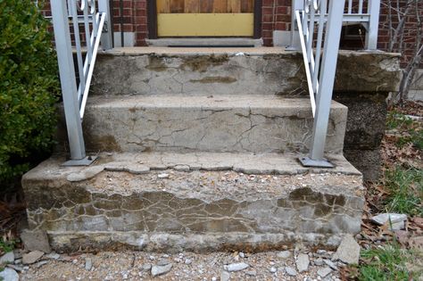 Look what winter did to my porch! The concrete stairs were cracked already, but the snow and ice pushed it over the edge. The bottom step is crumbling more and more each day. Repairing the porch was on my to-do list, but this has moved it to number one with a bullet.   Update: See how we repaired … Resurfacing Concrete Steps, Covering Concrete Steps, Concrete Steps Makeover, Step Makeover, Repairing Concrete Steps, Fix Cracked Concrete, Stairs Repair, Concrete Front Steps, Repair Cracked Concrete