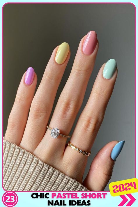 Multi-colored pastel short nails, playful and vibrant. Each nail features a different color, creating a fun and lively look, perfect for expressing creativity with pastel pink nails. Pastel Pink Nails, Pastel Nail Art, Pastel Nails Designs, Summer Gel Nails, Back To School Nails, Green Nail Designs, Stylish Nails Designs, Gel Nail Kit, School Nails