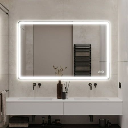 Introducing our elegantly designed 40'' x 32'' Rectangle LED Bathroom Mirror, a perfect blend of style and functionality. Crafted from shatterproof, safe tempered glass, this durable and sturdy mirror can be hung either horizontally or vertically, adding a touch of elegance to your space. It features a built-in LED inlay that offers three-tone lighting options - 3000k warm, 4500k natural, and 6500k white, illuminating your space with adjustable brightness for an even and flattering reflection. O Lighted Mirrors For Bathrooms, Bathroom Mirror And Lighting Ideas, Light Up Bathroom Mirror, Bathroom Mirror Led, Bathroom Mirror Light, Makeup Studios, Bathroom Mirror With Lights, Bathroom 2024, Bathroom Mirror Design