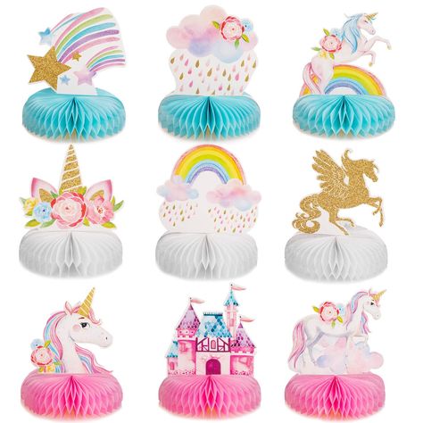 PRICES MAY VARY. Rainbow unicorn decorations: these rainbow honeycomb centerpieces can easy to create a happy and fun atmosphere for your party, and printed with cute patterns and bright colors; Chic design will make your theme party or birthday party more attractive Package includes: rainbow unicorn honeycomb supplies come with 9 pieces of different designs, including unicorn, stars, clouds and rainbow and more; Our decorations can bring a pleasant unicorn theme atmosphere to your party, and th Kids Party Centerpieces, Honeycomb Centerpiece, Unicorn Centerpiece, Rainbow Unicorn Party, Girls Birthday Party Decorations, Honeycomb Decorations, Unicorn Party Supplies, Unicorn Party Decorations, Unicorn Theme