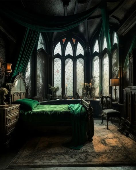 Slytherin Dorm Room, Slytherin Bedroom, Hogwarts Dorm, Hogwarts Bedroom, Slytherin Room, Bedroom Aesthetic Dark, Gothic Bedroom Ideas, Hogwarts Room, Dark Academia Bedroom