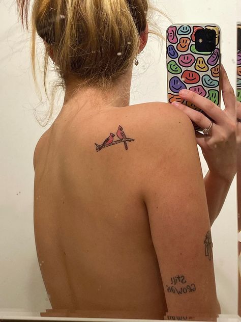 Meaningful Cardinal Tattoo, Feminine Cardinal Tattoo, Cardinal Back Tattoo, Cardinal Spine Tattoo, Double Cardinal Tattoo, Cardinal Arm Tattoos For Women, Tattoos With Cardinals, Simple Red Bird Tattoo, Cardinal Tattoos For Women Simple