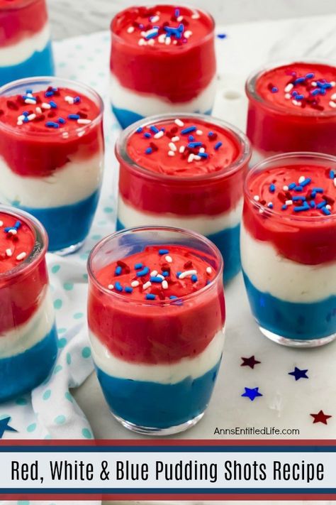 Red, White, and Blue Pudding Shots Recipe. This fabulous red, white, and blue pudding shots recipe is great for the 4th of July, Memorial Day, or any other patriotic holiday gathering. This boozy delight can be consumed as a pudding shot, or served in a larger dish as an after dinner dessert. Make these tasty treats for your next picnic, backyard BBQ, or holiday party! Red White And Blue Pudding Shots, Patriotic Pudding Shots, 4th Of July Boozy Treats, Fourth Of July Pudding Shots, 4th Of July Alcohol Treats, Red Pudding Shots, 4th Of July Pudding Shots, 4th Of July Shots With Alcohol, Blue Pudding Shots