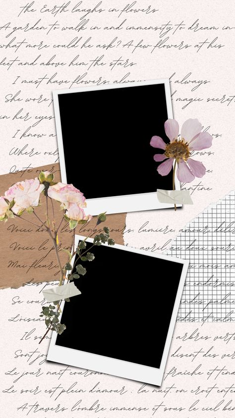 Instagram story template with flower scrapbook spring aesthetic Text is about flowers / gardens, and template has space for 2 photos! Aesthetic Layout For Instagram Story, Photo Layout Design Instagram Story Idea, Instagram Photo Frame Aesthetic, 2 Photo Collage Template, Ig Story Background Aesthetic, Aesthetic Collage Template, Collage Template Aesthetic, Insta Story Template Aesthetic, Aesthetic Insta Story Template