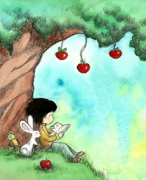 Old Apple Tree, School Murals, Reading Art, 8x10 Art Prints, Bunny Art, Reading A Book, Girl Reading, Brunette Girl, Apple Tree