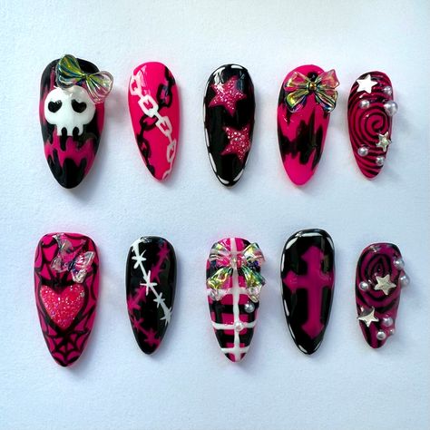 Black and Pink Nails With Skull, Bow, Stars, Cobweb, Cross, Spiral, Chain and Stitches Emo Pink Nails, Scene Emo Nails, Icp Juggalo Nails, Scene Queen Nails, Mall Goth Nails, Goth Barbie Nails, Tokidoki Nails, Heart Cobweb, Nails Scene