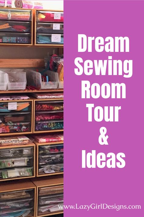 Sewing room tour and craft room ideas! She finished her basement for the ultimate sewing studio with great sewing organization, ironing board area, craft storage ideas, great lighting, and must-have sewing room equipment. #SewingRoom Large Sewing Room Ideas, Sewing Room Table Ideas, Sewing Closet Ideas Small Spaces, Sewing Room Set Up Ideas, She Shed Sewing Room Ideas, Vintage Sewing Room Inspiration, Sewing Area Ideas, Sewing Room Fabric Storage Ideas, Basement Sewing Room Ideas