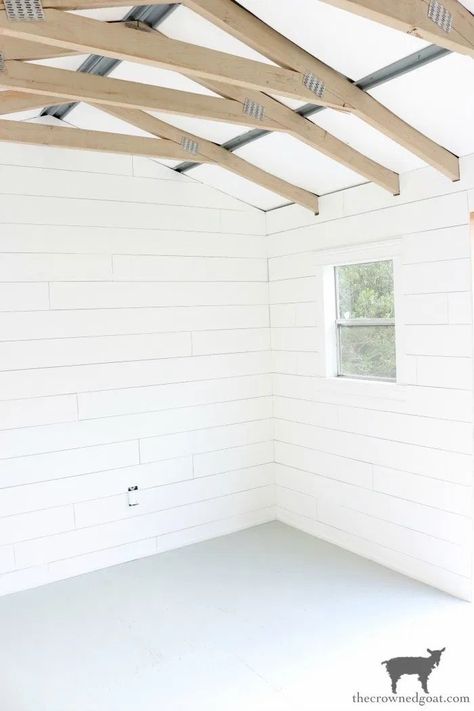 Painted Floor, Trusses, and a Shed Update - The Crowned Goat Cottage - The Crowned Goat Shed Drywall, Painted Shed Interior, Paint Shed Floor, She Shed Ceiling Ideas, Shed Flooring Ideas, Shed Ceiling Ideas, Goat Cottage, Shed Update, Floor Trusses