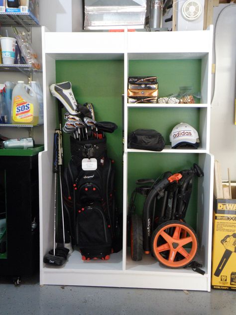 Golf Equipment Storage Locker - Handmade From 3/4 Plywood. Approximate Dimensions 65" (H) x 42" (W) x 19" (L). Golf Locker Diy, Golf Club Storage Cabinet, Golf Closet Ideas, Golf Bag Holder, Golf Storage In Garage, Garage Golf Storage, Diy Golf Bag Storage, Golf Club Storage Garage, Golf Storage Ideas