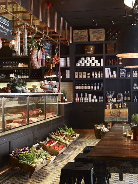 Köttbaren Restaurant and bar in Stockholm. Designed by www.jidstrom-gil.se. Instagram: @jidstromgil. Meat Case Display Ideas, Vegetable Display, Butik Design, Copper Lights, Deli Cafe, Deli Shop, Grocery Store Design, Meat Shop, Supermarket Design