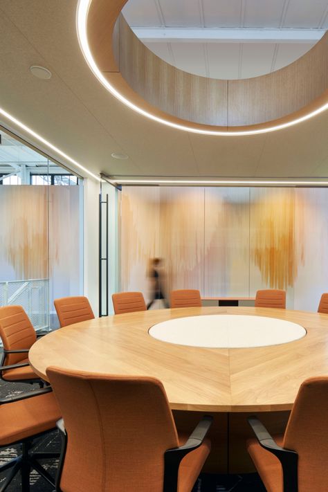 Custom round urban oak conference table with an acoustic panel infill Custom Conference Table, Round Conference Table, Meeting Room Table, Meeting Room Design, Office Meeting Room, Chicago Design, Acoustic Panel, Luxury Office, Design A Space