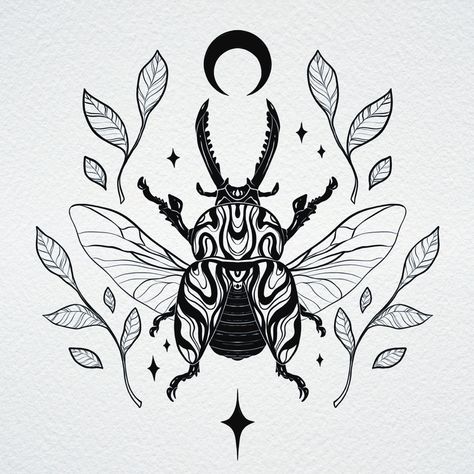 Trippy swirly beetle tattoo lineart design with little leaves around it Beetle Bug Tattoo, Stag Beetle Tattoo Design, Bug Tattoo Flash Sheet, Flying Beetle Tattoo, Atlas Beetle Tattoo, Stag Beetle Illustration, Cool Insect Tattoos, Cute Beetle Tattoo, Horned Beetle Tattoo