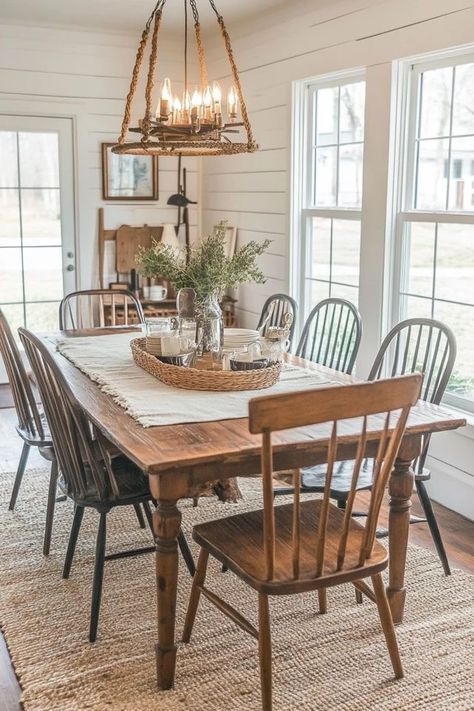 "Add a touch of country charm to your dining room with Rustic Farmhouse Decor! 🍽️🌾 A great way to create a space that feels both inviting and elegant. 🌿✨ #FarmhouseDecor #DiningRoomIdeas #RusticStyle" Antique Farmhouse Kitchen Table, English Country Cottage Dining Room, Western Farmhouse Dining Room, French Country Farmhouse Dining Room, Simple Farmhouse Dining Room, Rustic Kitchen Table Decor, Cottage Farmhouse Dining Room, Small Dining Room Ideas Decor, Modern Rustic Dining Room Ideas