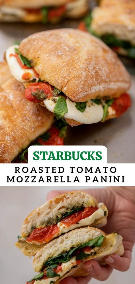 This is the best Starbucks tomato mozzarella panini copycat recipe ever! It is made with focaccia bread, basil pesto, roasted juicy tomatoes, spinach, and a generous amount of creamy mozzarella cheese. Making this Starbucks favorite at home is now easier than ever! Tomato Mozzarella Panini, Mozzarella Panini, Panini Recipe, Mozzarella Sandwich, Pesto Sandwich, Panini Recipes, Panini Sandwiches, Tomato Mozzarella, Cheese Making