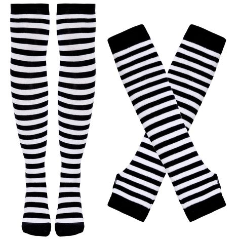 PRICES MAY VARY. Perfect 1 Set Striped Knee High Socks and Arm Warmer Fingerless Gloves:you will get 1 pair knee high socks and 1 pair arm warmer fingerless gloves.The surface features striped design, fashionable and warm, making it perfect for any outfit, whether it's cosplay, Halloween, or warm in autumn and winter. Soft and Elastic White and Black Striped Socks and Arm Warmers:This glove is a perfect set, suitable not only for girls but also for adults.The fabric is soft and elastic, so there Thigh High Striped Socks, White Thigh High Socks, Black And White Gloves, Basic Accessories, White Thigh Highs, Striped Knee High Socks, Striped Gloves, Pinterest Wardrobe, Black And White Socks