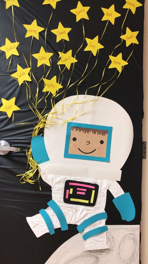 Blast off to space door decoration #space #classroom #teacher #astronaut Astronaut Display Classroom, Space Themed School Door, Space Classroom Decorations Ideas, Astronaut Classroom Door, Astronaut Door Decorations Classroom, Kindergarten Graduation Space Theme, Astronaut Bulletin Board Ideas, Astronaut Door Decoration, Space Class Decorations