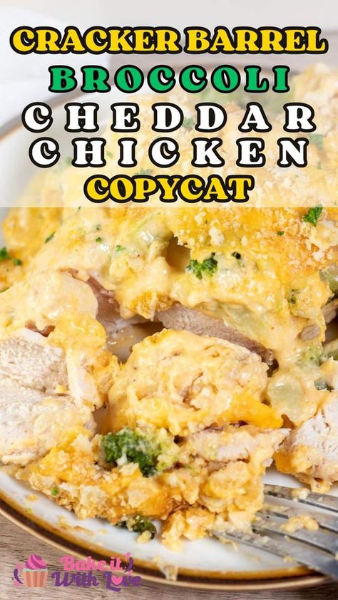 This Cracker Barrel broccoli cheddar chicken is a fan-favorite dinner casserole with its rich, delicious cheesy sauce and crunchy cracker topping. Your family will love this easy copycat recipe for a homemade version that's better than the original. This tasty entree is an easy way to make a flavorful dinner. Get the recipe at BakeItWithLove.com #crackerbarrel #casserole #dinner #copycat #cooking #chicken #cheesy Cracker Barrell Broccoli Chicken, Cheddars Copycat Recipes, Cracker Barrel Chicken Broccoli Cheddar, Cracker Barrel Broccoli Cheddar Chicken, Cracker Barrel Broccoli, Cracker Barrel Copycat Recipes, Cracker Barrel Chicken, Copycat Cracker Barrel, Broccoli Cheddar Chicken