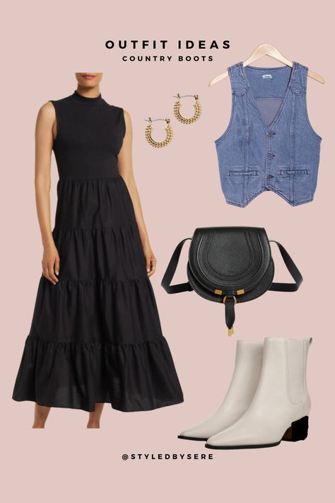 Take on some trends with this cool girl look at your next country concert or night on the farm. Start with a tiered prairie skirt. Add an on-trend denim vest over (opened or buttoned up, depending on preference and style). A saddle bag, beaded hoop earrings, and your classic boots complete the look. Black Tiered Skirt Outfit, Tiered Skirt Outfit, Black Tiered Skirt, Prairie Skirt, Country Boots, Country Concert, Classic Boots, Beaded Hoop Earrings, Beaded Hoops