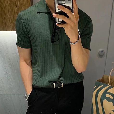 Men's Clothing Luxury Knit Polo Shirt Casual Striped Button Down Solid Color Short Sleeve T-Shirt Knitted Polo Shirt, Knitted Polo, Knit Men, Casual Stripes, Mens Luxury, Color Shorts, Smart Casual, Stripes Design, Men's Clothing