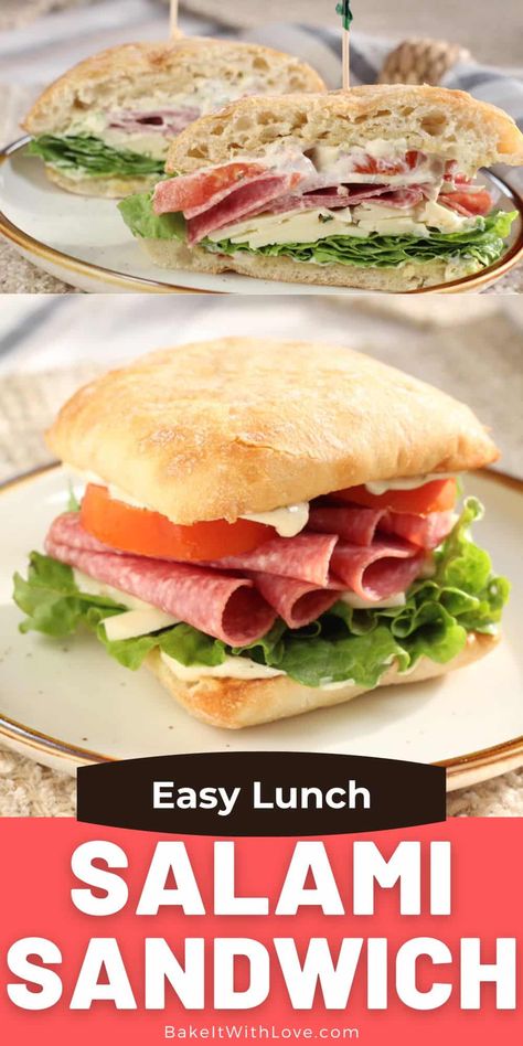 The salami sandwich is a quintessential classic that is a hit for lunch or dinner any day of the week and any time of the year! I love to stack the salami with tasty, fresh ingredients for the best sandwich build ever! Grab a crusty baguette or ciabatta roll, or keep it simple with sourdough or white sandwich bread! BakeItWithLove.com Chicken Salami Sandwich, Salami Sandwich Recipes, Cold Sandwich Recipes, Salami Sandwich, Salami Recipes, White Sandwich Bread, Baguette Sandwich, Ciabatta Roll, Quick Lunch Recipes