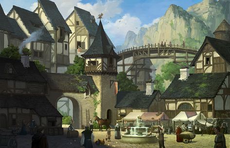 Mountain Village- Illust version, JiWon So on ArtStation at https://www.artstation.com/artwork/R8b3A Fantasy Setting Village, Village Drawing, Fantasy Village, Anime Places, Fantasy Town, Château Fort, Location Inspiration, Fantasy City, Fantasy House