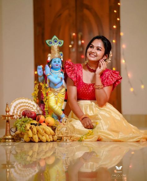 Vishu Special Photoshoot, Vishu Decoration Ideas, Vishu Special Kerala Dress, Festival Photoshoot Ideas, Vishu Photoshoot Ideas, Vishu Photography, Kerala Style Skirt And Top, Onam Decor, Vishu Photoshoot