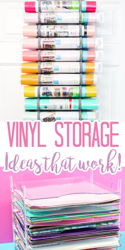 I am testing different Cricut vinyl storage ideas to see if they actually work! Find the best way to organize your Cricut vinyl! #cricut #cricutvinyl #organization Htv On Storage Cubes, Cricut Vinyl Storage Peg Board, Storage For Cricut Vinyl, Diy Cricut Vinyl Holder, Organize Cricut Vinyl, Cricut Paper Storage Ideas, Cricut Corner Organization, Vinyl Organization Ideas Diy, Cricket Organization Storage Ideas