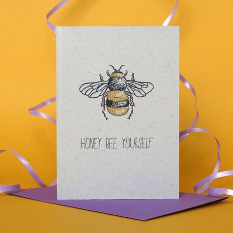 A bee themed good luck card with an illustration by Adam Regester. This fun card with a current theme is hand made to order and printed on recycled card. It's blank inside for your own special message. It comes with a good quality envelope and will be well-packaged to ensure it arrives in perfect condition. Available as a single card or in packs. Good Luck Cards, Bee Birthday, Bee Cards, Bee Mine, Personalized Birthday Cards, Bee Happy, Bee Theme, Bees Knees, Get Well Cards